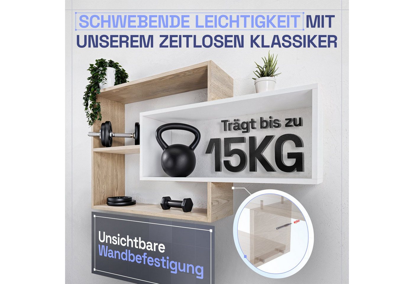 TRAUMMÖBEL Wandregal KARO, Modernes Schweberegal groß Hängeregal Wandregal Natur/Weiß 104x20x59cm – Bild 4 von 5