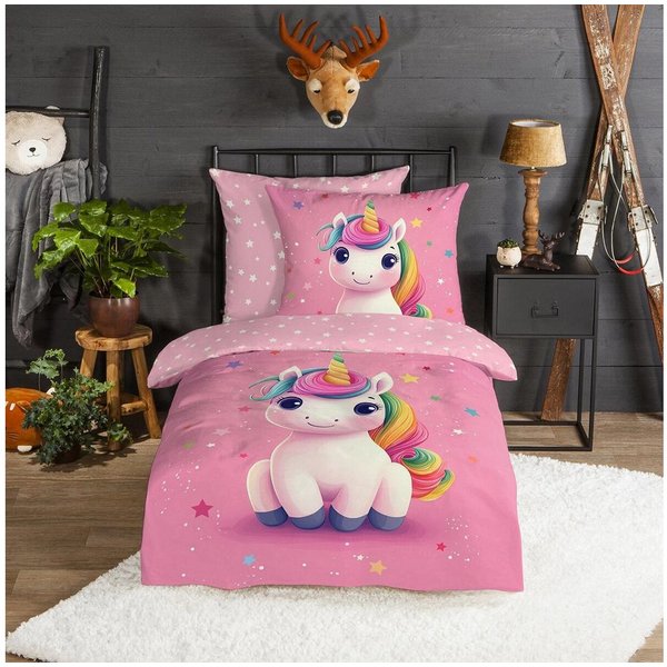 TRAUMSCHLAF Bettwäsche Einhorn, Flanell, 2 teilig, besonders weich und warm