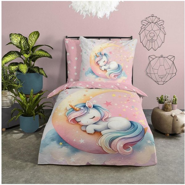 TRAUMSCHLAF Bettwäsche Einhorn und Mond, Renforce, 2 teilig, fantasievolles Design aus 100% Baumwolle