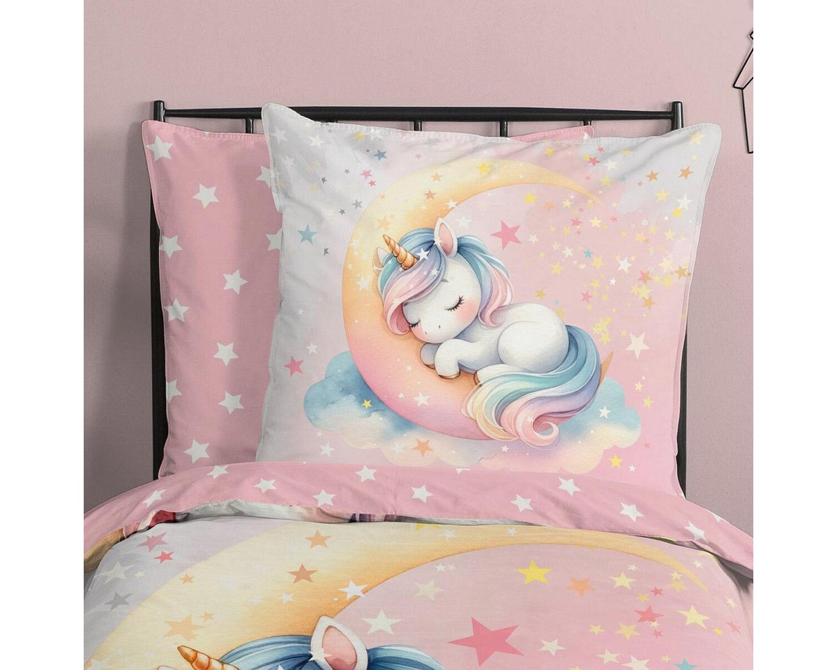 TRAUMSCHLAF Bettwäsche Einhorn und Mond, Renforce, 2 teilig, fantasievolles Design aus 100% Baumwolle – Bild 2 von 4