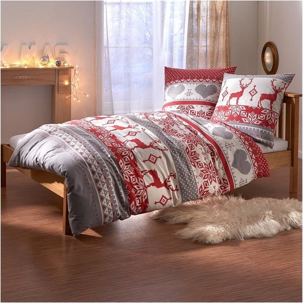 TRAUMSCHLAF Bettwäsche Hirsch, Flanell, 2 teilig, Flanell-Winterbettwäsche in toller Strickoptik