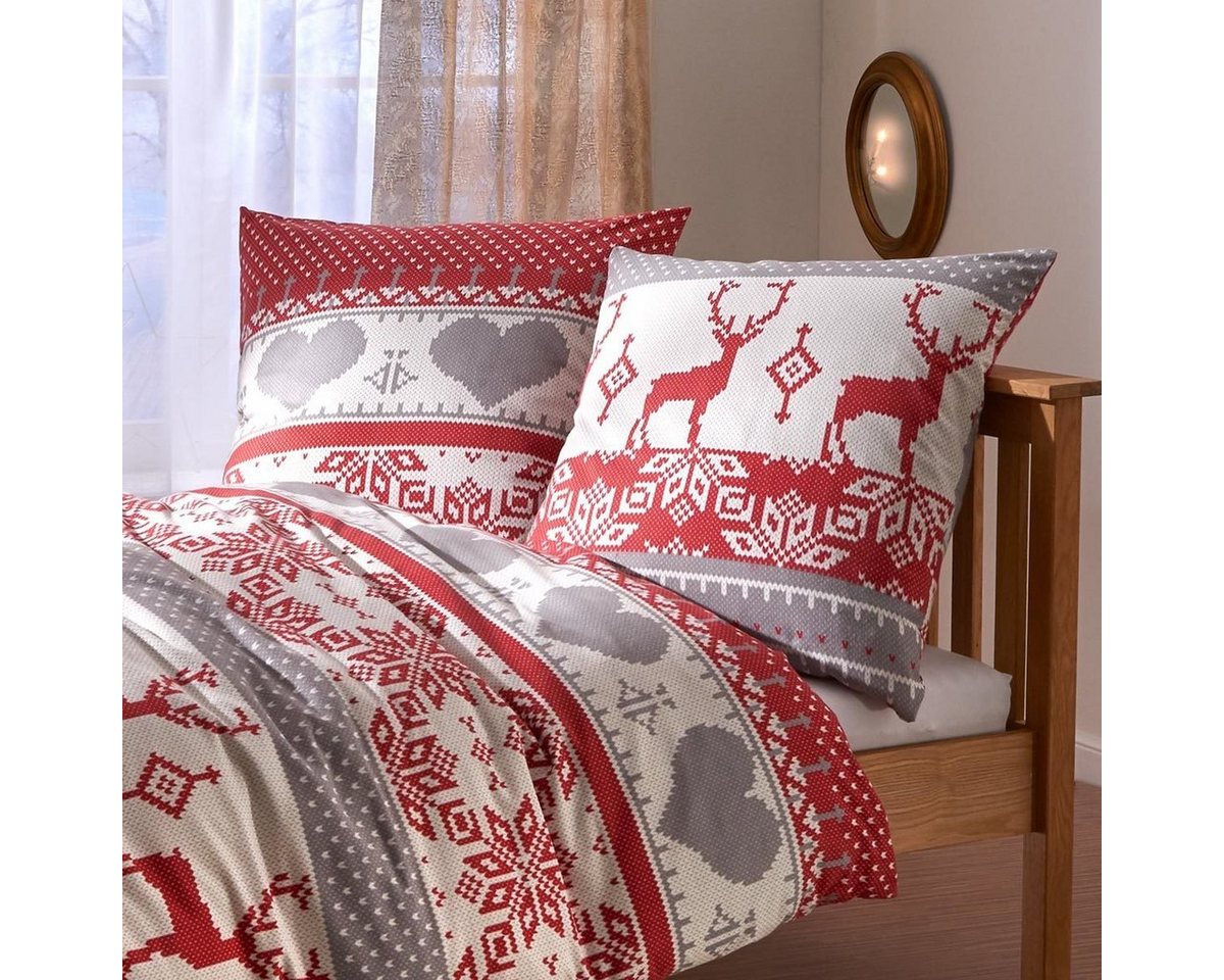 TRAUMSCHLAF Bettwäsche Hirsch, Flanell, 2 teilig, Flanell-Winterbettwäsche in toller Strickoptik – Bild 2 von 4