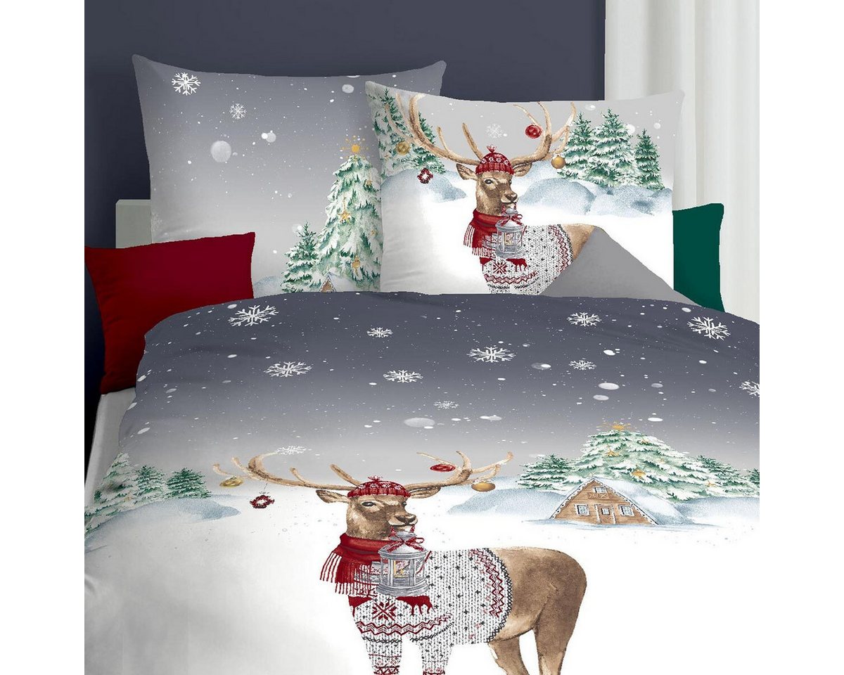 TRAUMSCHLAF Bettwäsche Weihnachtshirsch, Biber, 2 teilig, wunderbar kuschelige Biber Bettwäsche – Bild 2 von 4