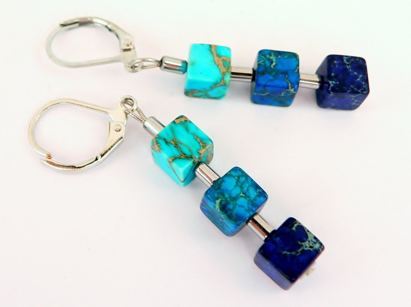 traumschmuck Ohrhänger-Set 213do Ohrhänger Edelstein Jaspis Würfel blau hellblau türkis petrol (Geschenk, Muttertag, Weihnachten, Geburtstag, Valentinstag, incl – Bild 3 von 3