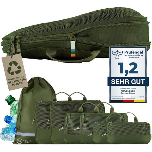 TRAVEL DUDE Kofferorganizer, Packing Cubes aus recycelten Plastikflaschen (ultraleichte Packwürfel, 7-tlg., Packtaschen, Packing Cubes für Rucksack und Koffer),