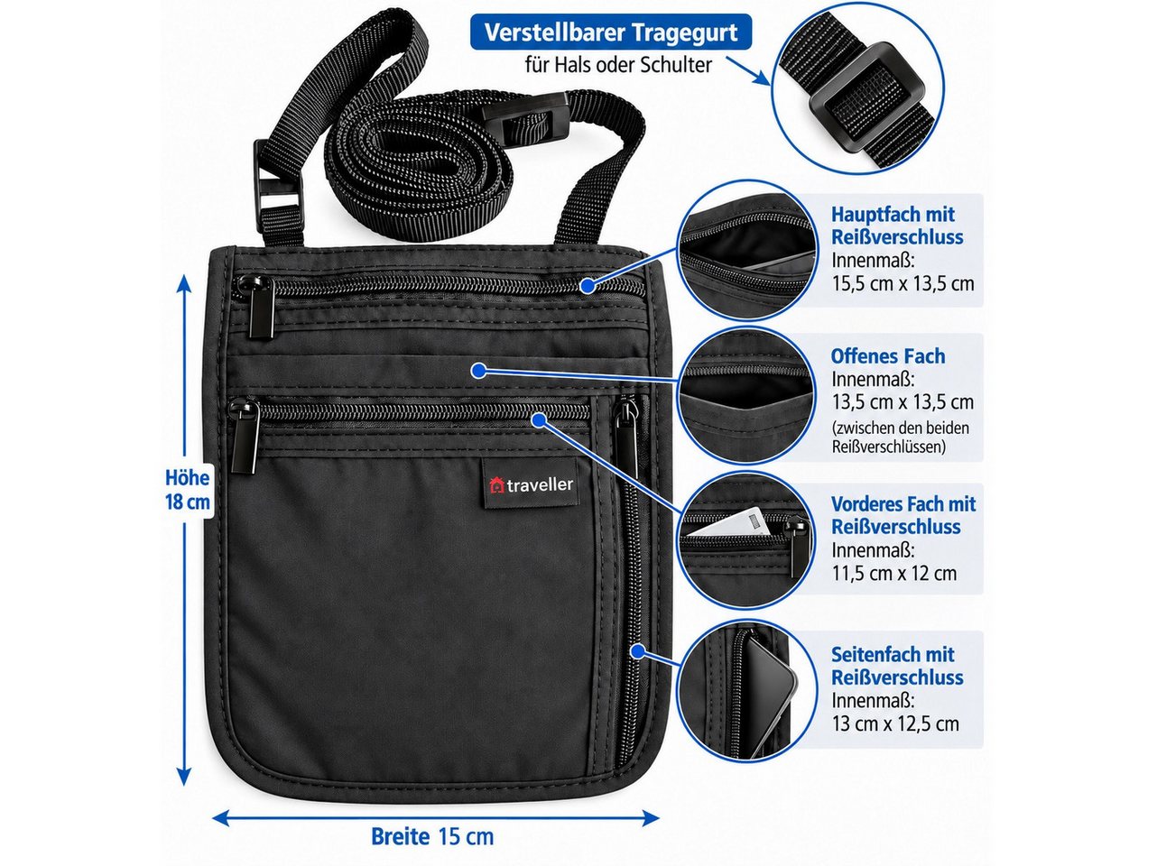 Traveller Brustbeutel Brustsafe Brusttasche Reisetasche Reisepass Geldbörse 4 Fächer, verstellbare Umhängetasche – Bild 2 von 5