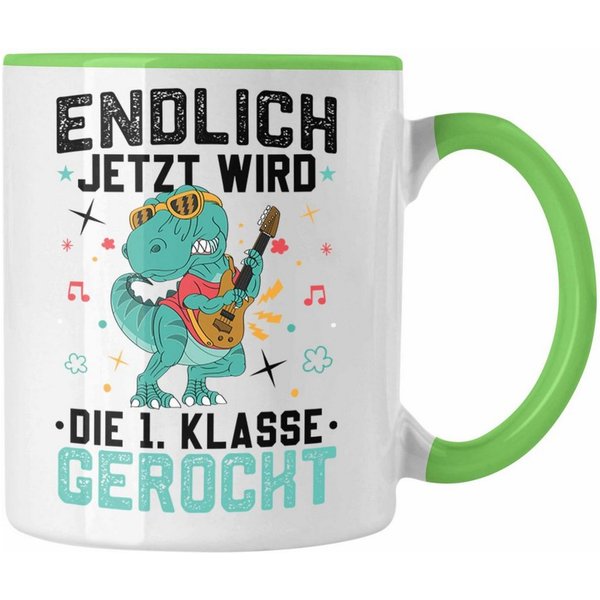 Trendation Tasse Erste Klasse Wird Gerockt Tasse Geschenk zur Einschulung Dinosaurer Ju
