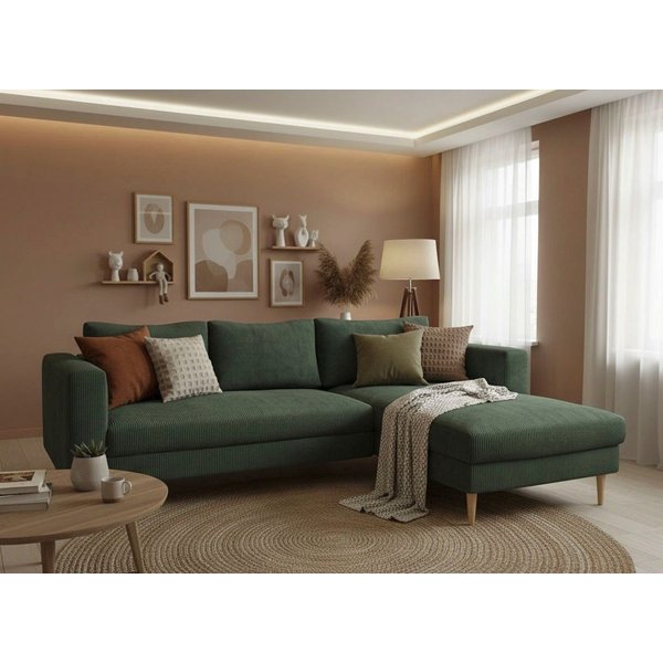TRENDMANUFAKTUR Ecksofa Amazing, wahlw. mit Schlaffunktion & Bettkasten, Fuß Buche lackiert, Recamiere beidseitig montierbar, L-Form,in Cord o. Struktur, B: 232