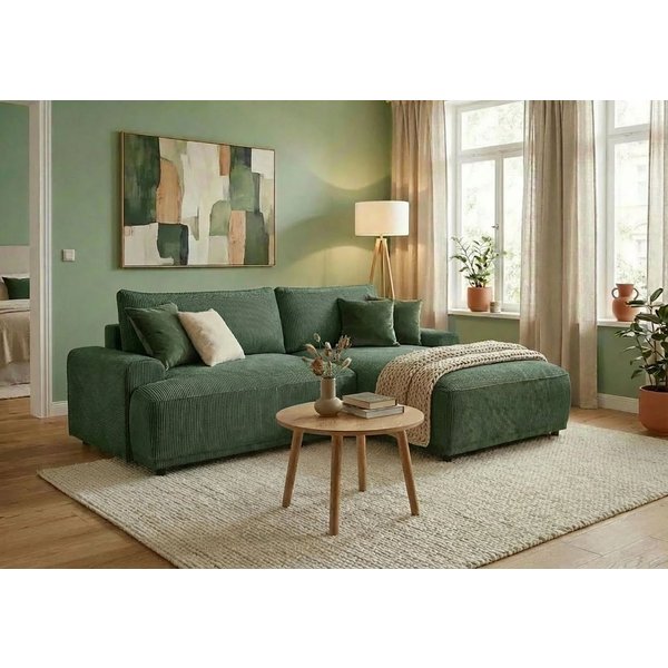 TRENDMANUFAKTUR Ecksofa Fordon, Schlafsofa mit Bettkasten, Couch in L-Form, Breite 250 cm, in Cordstoff HYPER, dunkelgrün, Recamiere rechts