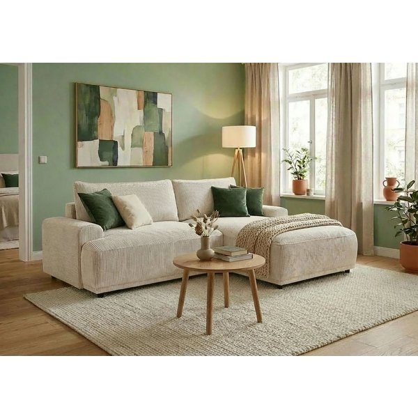 TRENDMANUFAKTUR Ecksofa Fordon, Schlafsofa mit Bettkasten, Couch in L-Form, Breite 250 cm, in Cordstoff HYPER, cream, Recamiere rechts