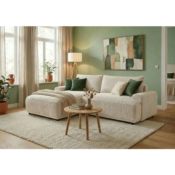 TRENDMANUFAKTUR Ecksofa Fordon, Schlafsofa mit Bettkasten, Couch in L-Form, Breite 250 cm, in Cordstoff HYPER, cream, Recamiere links