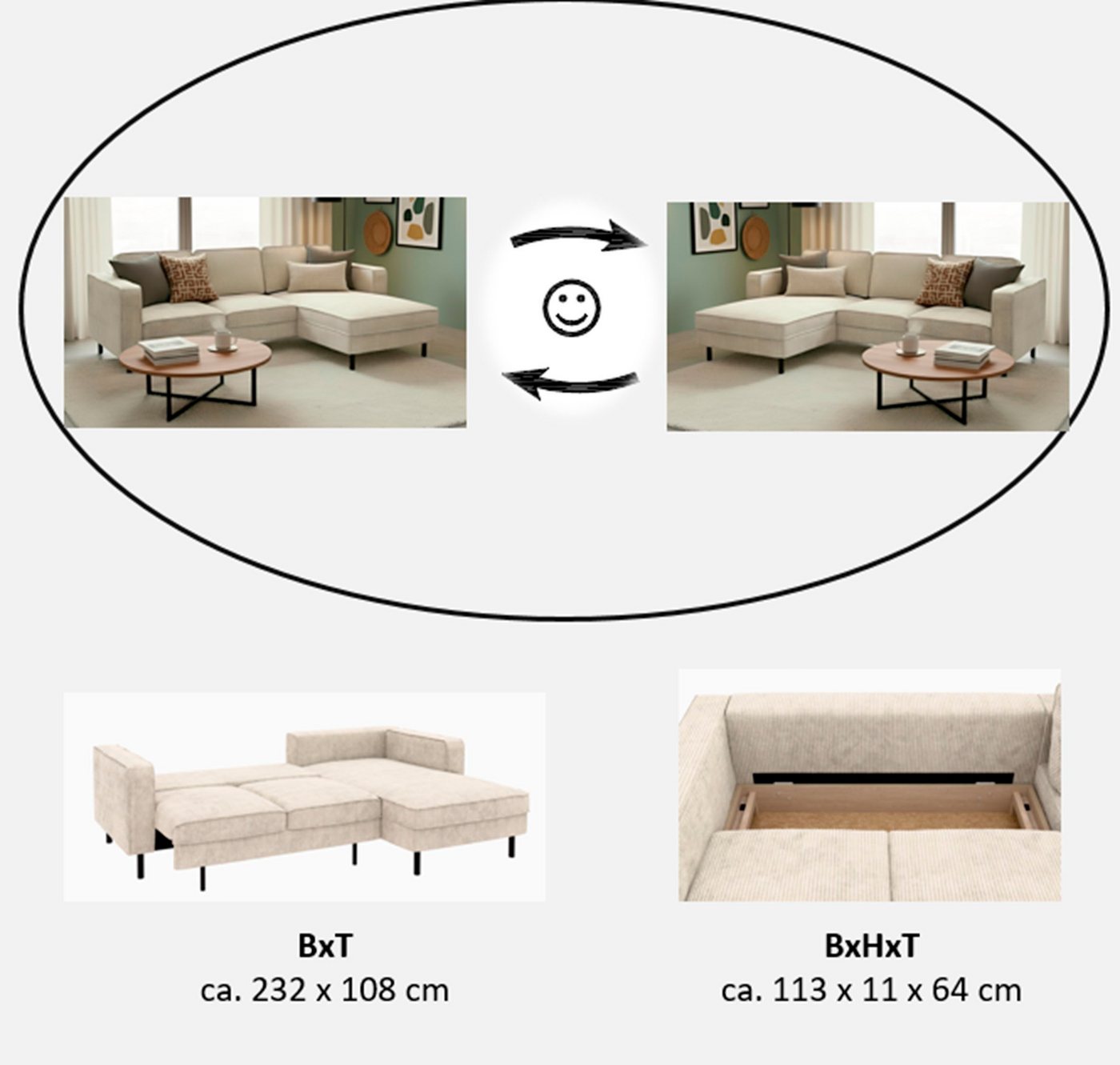 TRENDMANUFAKTUR Ecksofa Watkins Couch wahlweise mit Schlaffunktion und Bettkasten,auch in Cord, Recamiere beidseitig montierbar, Sofa in L-Form, Breite 232 cm – Bild 3 von 5