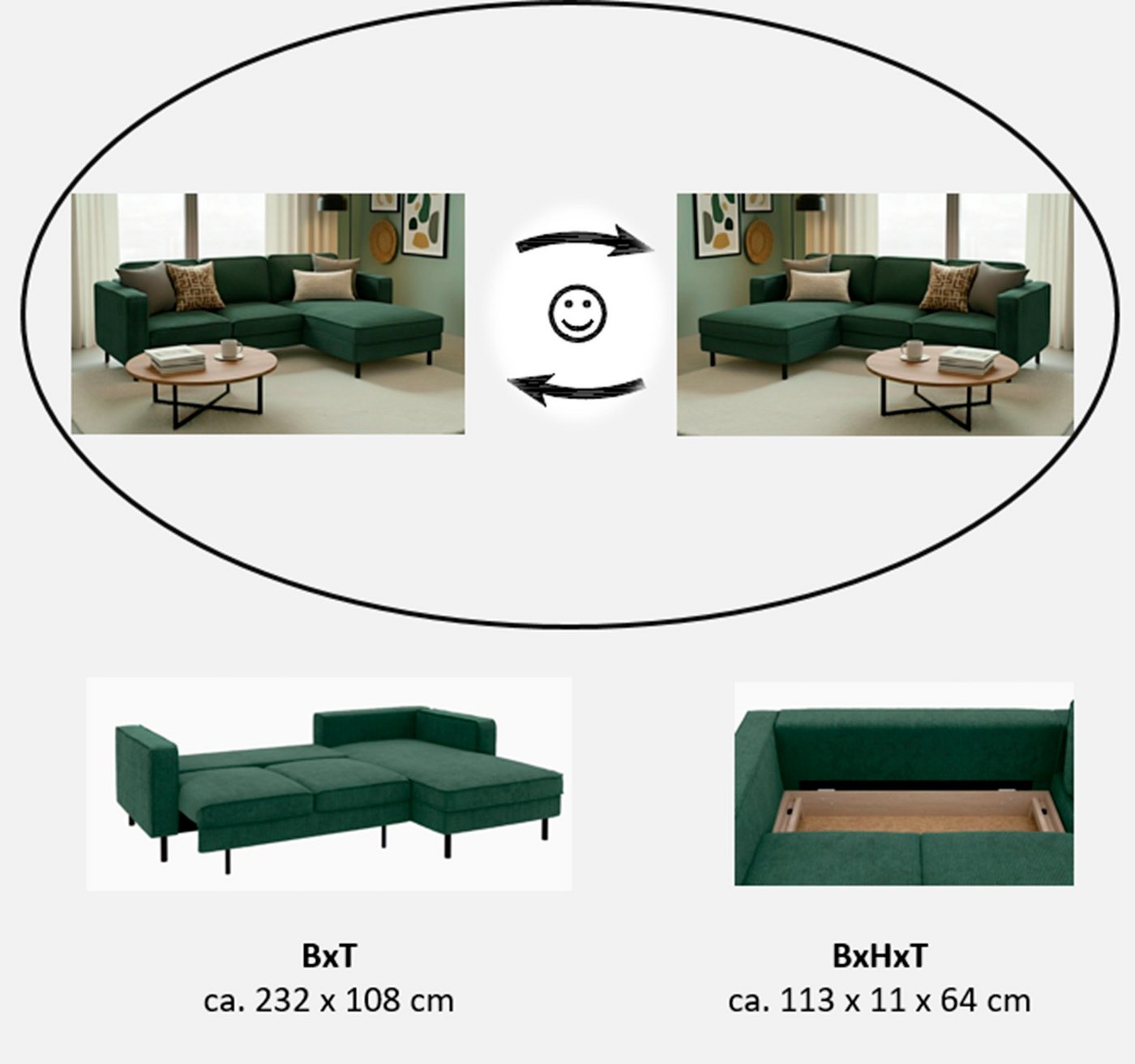 TRENDMANUFAKTUR Ecksofa Watkins Couch wahlweise mit Schlaffunktion und Bettkasten,auch in Cord, Recamiere beidseitig montierbar, Sofa in L-Form, Breite 232 cm – Bild 3 von 5