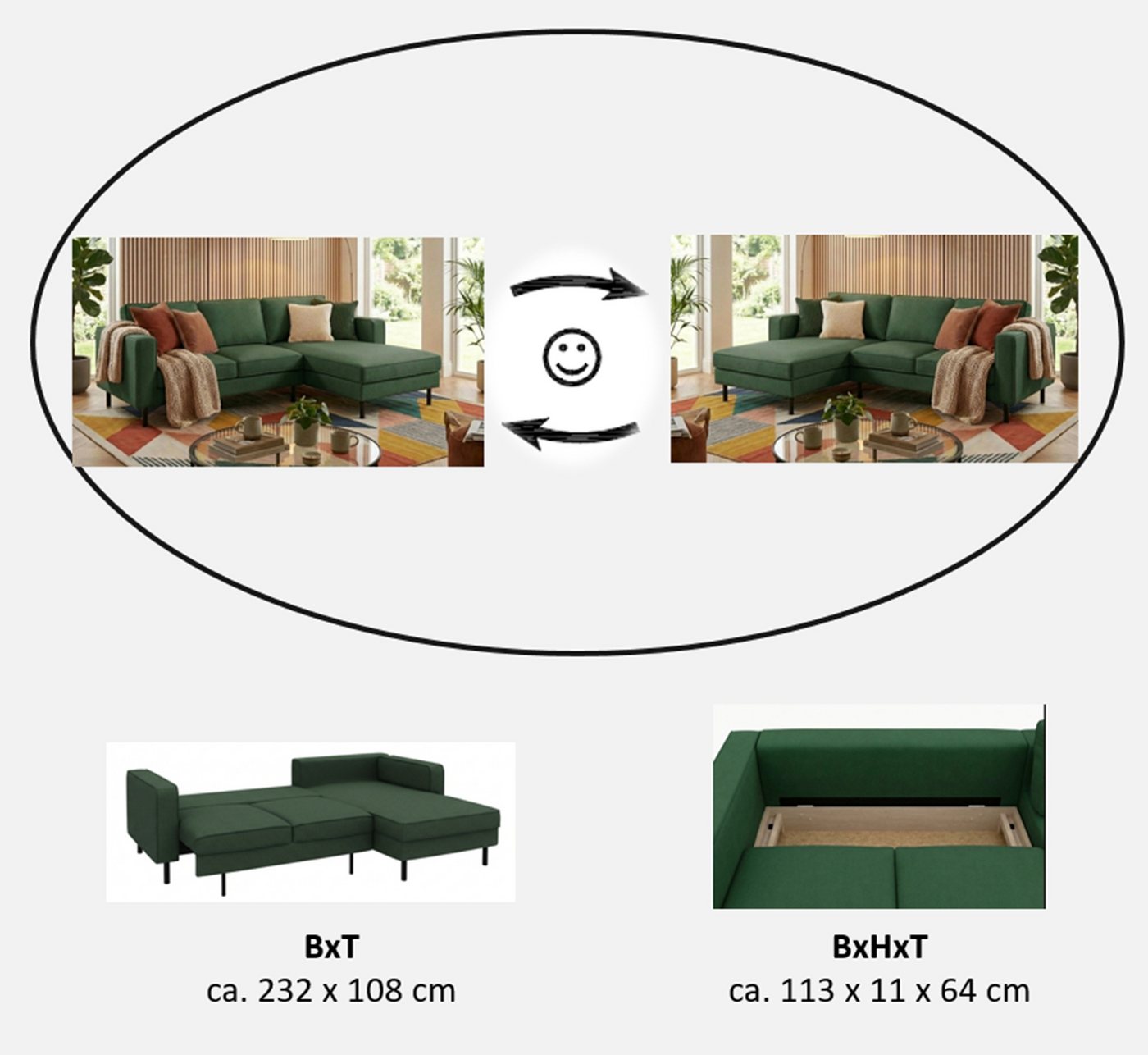 TRENDMANUFAKTUR Ecksofa Watkins Couch wahlweise mit Schlaffunktion und Bettkasten,auch in Cord, Recamiere beidseitig montierbar, Sofa in L-Form, Breite 232 cm – Bild 3 von 5