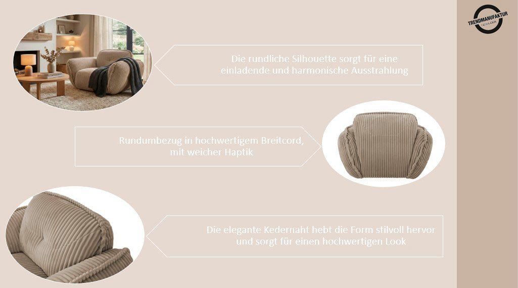 TRENDMANUFAKTUR Sessel Be Fluffy, mit Rundumbezug, moderner breiter Kedernaht, mit softem Sitzkomfort, in hochwertigem Breitcord mit weicher Haptik – Bild 3 von 5