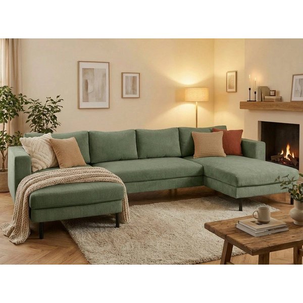 TRENDMANUFAKTUR Wohnlandschaft Amazing II, wahlw. mit Schlaffunktion & Bettkasten, Fuß schwarz, Sofa in U-Form, in Cord, Struktur LEO o. Struktur LINO, Breite 3