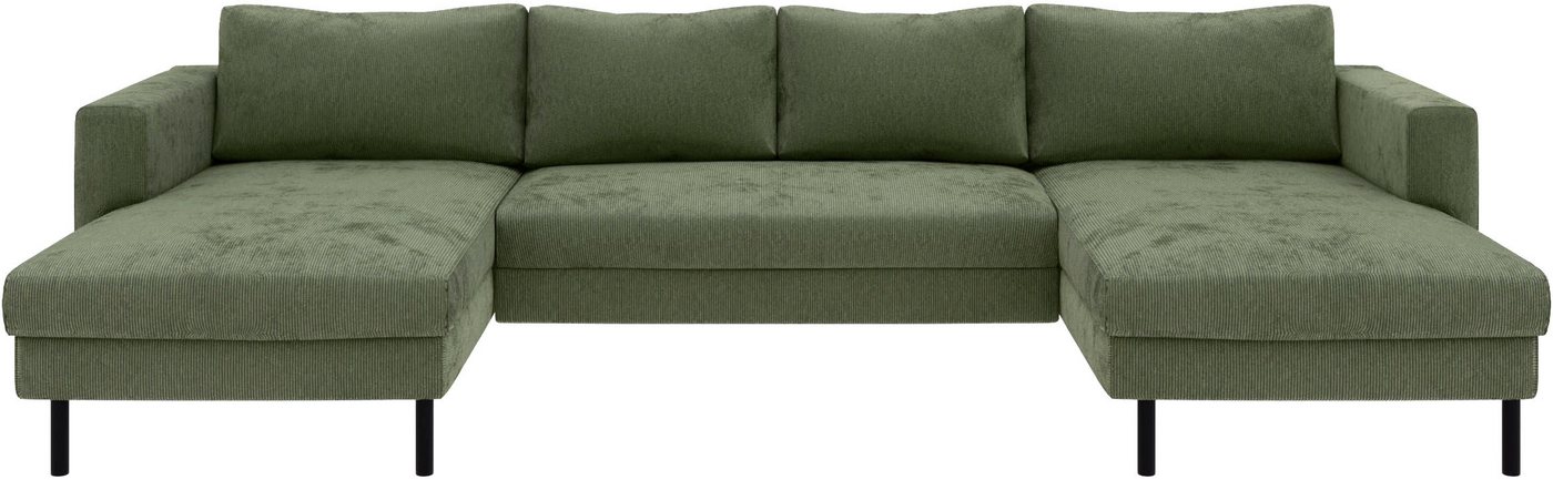 TRENDMANUFAKTUR Wohnlandschaft Amazing II, wahlw. mit Schlaffunktion & Bettkasten, Fuß schwarz, Sofa in U-Form, in Cord, Struktur LEO o. Struktur LINO, Breite 3 – Bild 2 von 5
