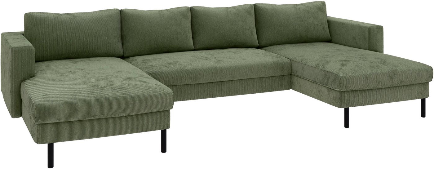 TRENDMANUFAKTUR Wohnlandschaft Amazing II, wahlw. mit Schlaffunktion & Bettkasten, Fuß schwarz, Sofa in U-Form, in Cord, Struktur LEO o. Struktur LINO, Breite 3 – Bild 4 von 5