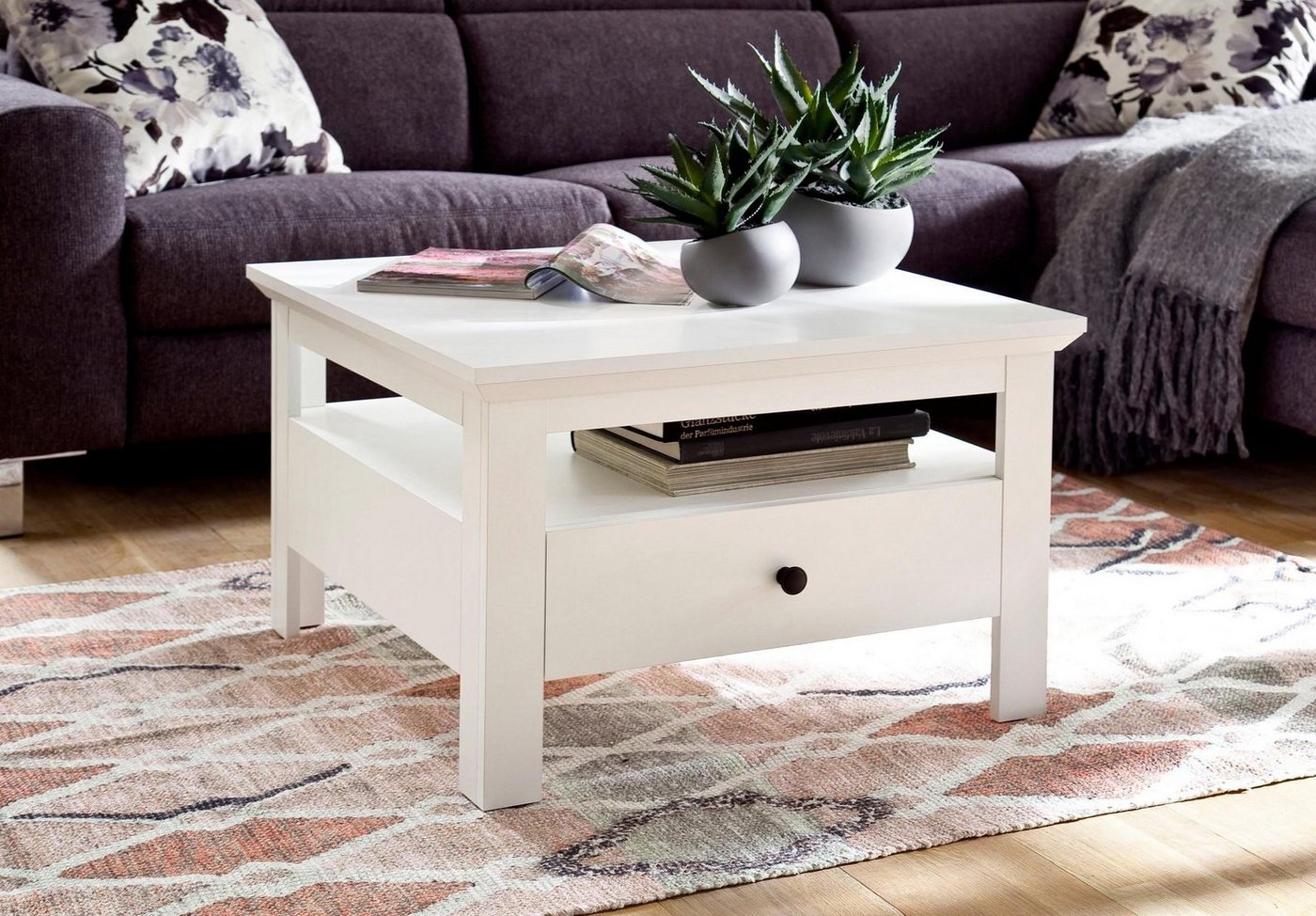 trendteam Couchtisch Baxter (Wohnzimmertisch in weiß Landhaus, 70 x 70 cm), mit Ablage und Schubkasten – Bild 2 von 5