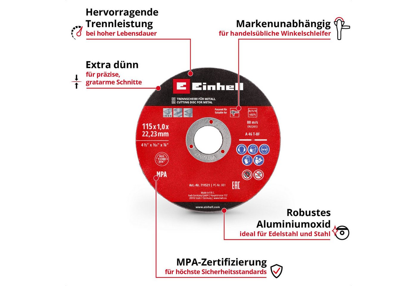 Einhell Trennscheiben Original Einhell 5-tlg. Dünntrennscheiben-Set für Metall, Ø 115 mm (1, (5-tlg), Original Einhell 5-tlg. Dünntrennscheiben-Set für Metall,  – Bild 2 von 5