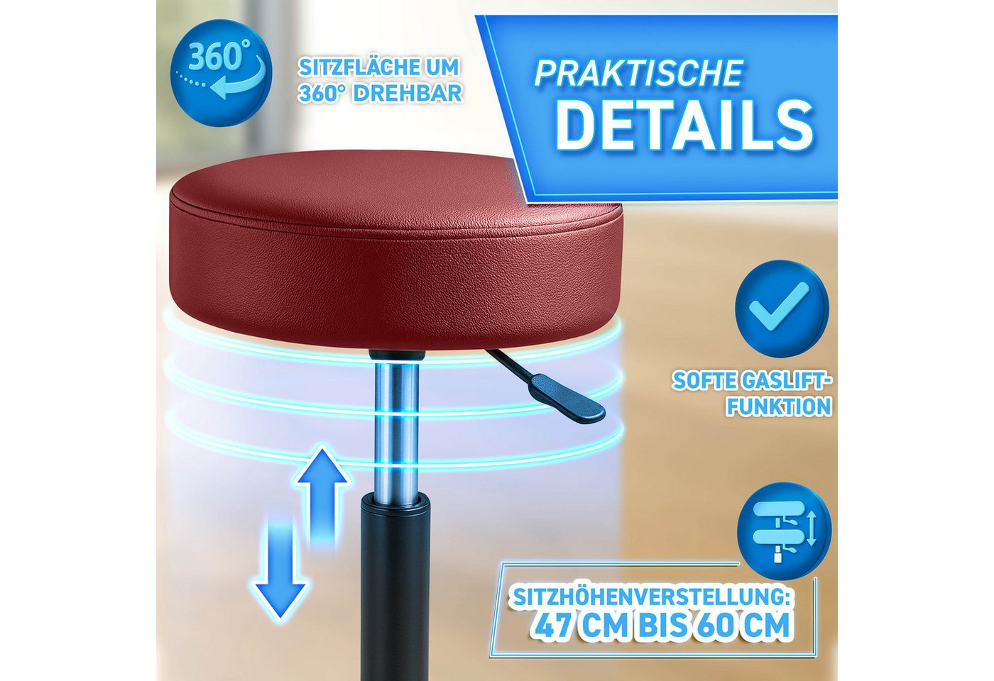 TRESKO Drehhocker Rollhocker höhenverstellbar, 10 cm Dicke Polsterung, Arbeitshocker Hocker 360° drehbar – Bild 3 von 5