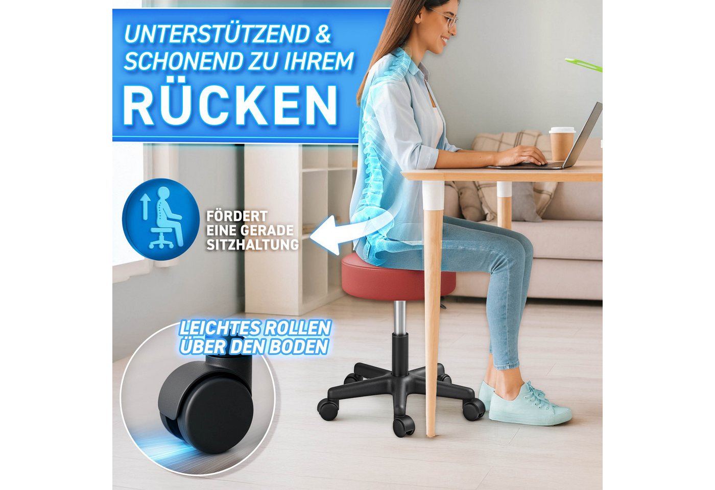 TRESKO Drehhocker Rollhocker höhenverstellbar, 10 cm Dicke Polsterung, Arbeitshocker Hocker 360° drehbar – Bild 4 von 5