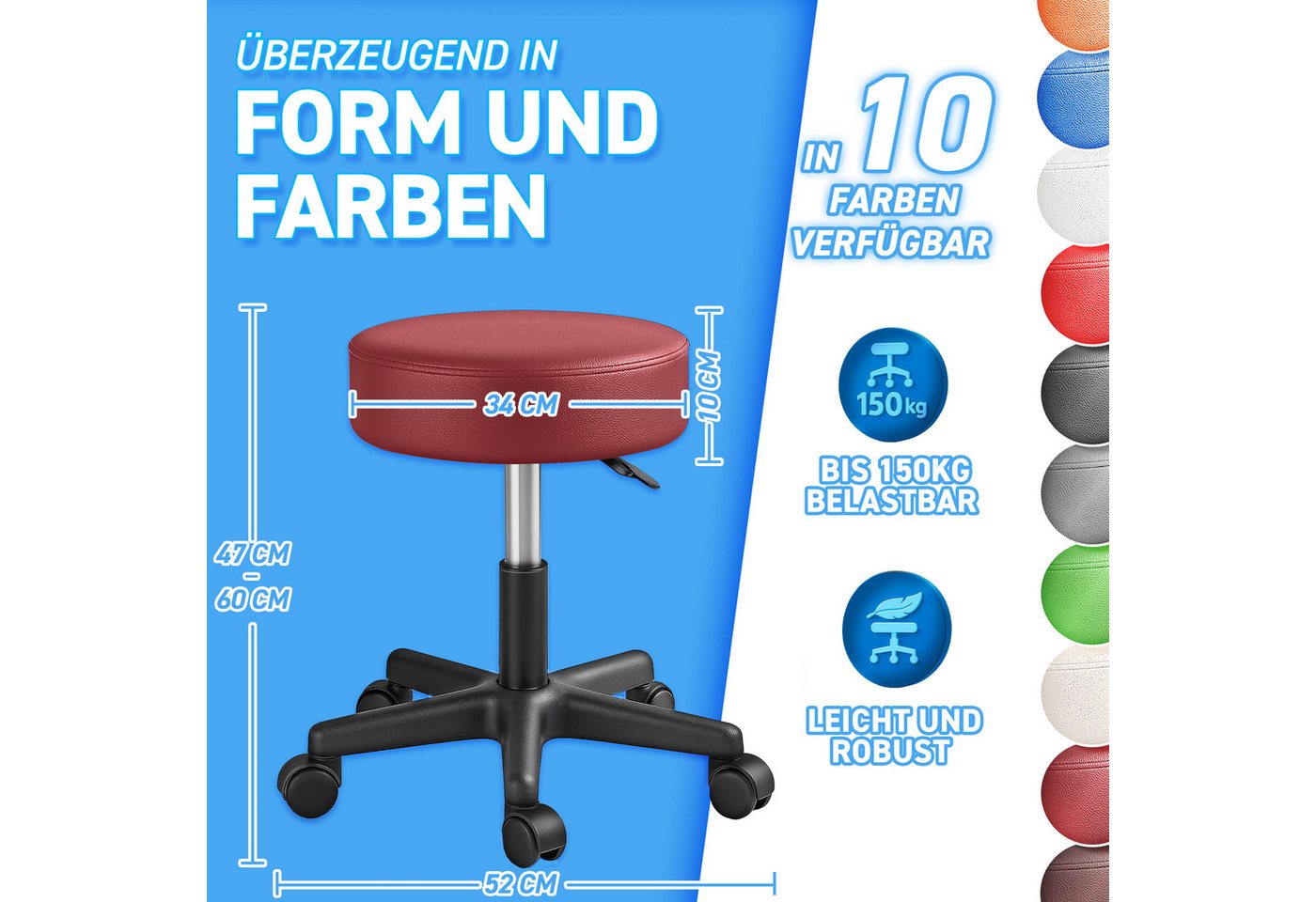 TRESKO Drehhocker Rollhocker höhenverstellbar, 10 cm Dicke Polsterung, Arbeitshocker Hocker 360° drehbar – Bild 5 von 5