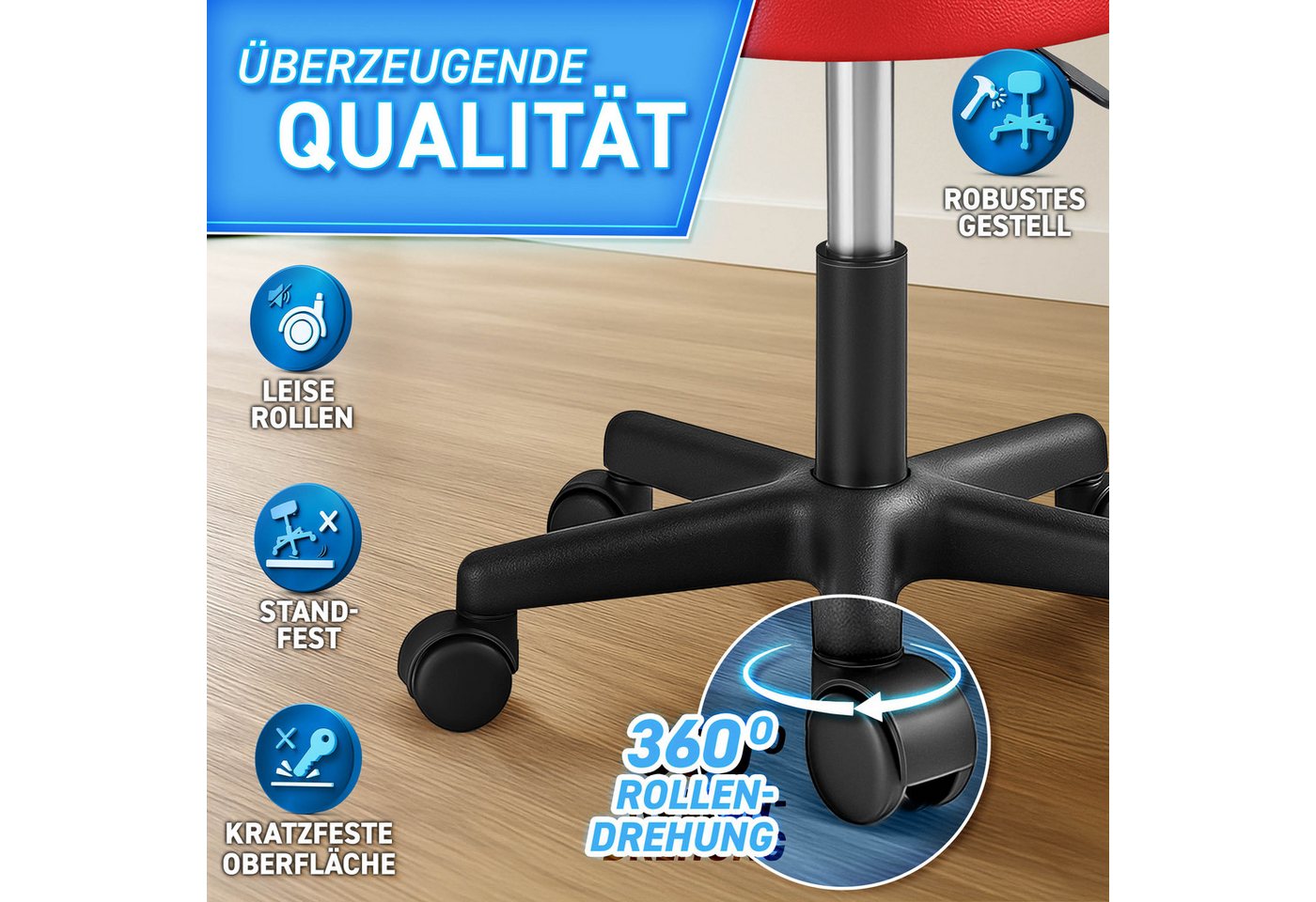 TRESKO Drehhocker Rollhocker höhenverstellbar, 10 cm Dicke Polsterung, Arbeitshocker Hocker 360° drehbar – Bild 2 von 5