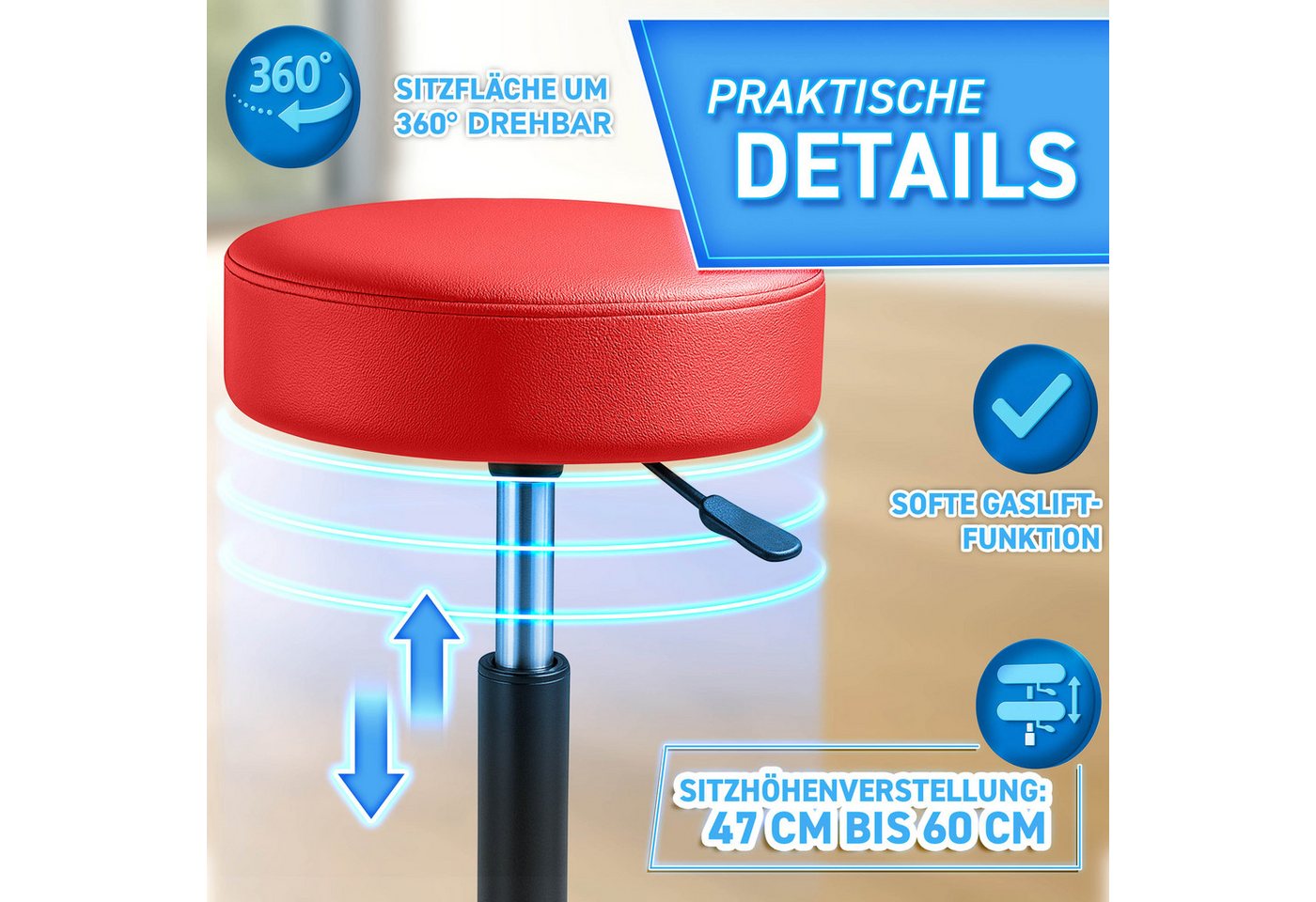 TRESKO Drehhocker Rollhocker höhenverstellbar, 10 cm Dicke Polsterung, Arbeitshocker Hocker 360° drehbar – Bild 3 von 5