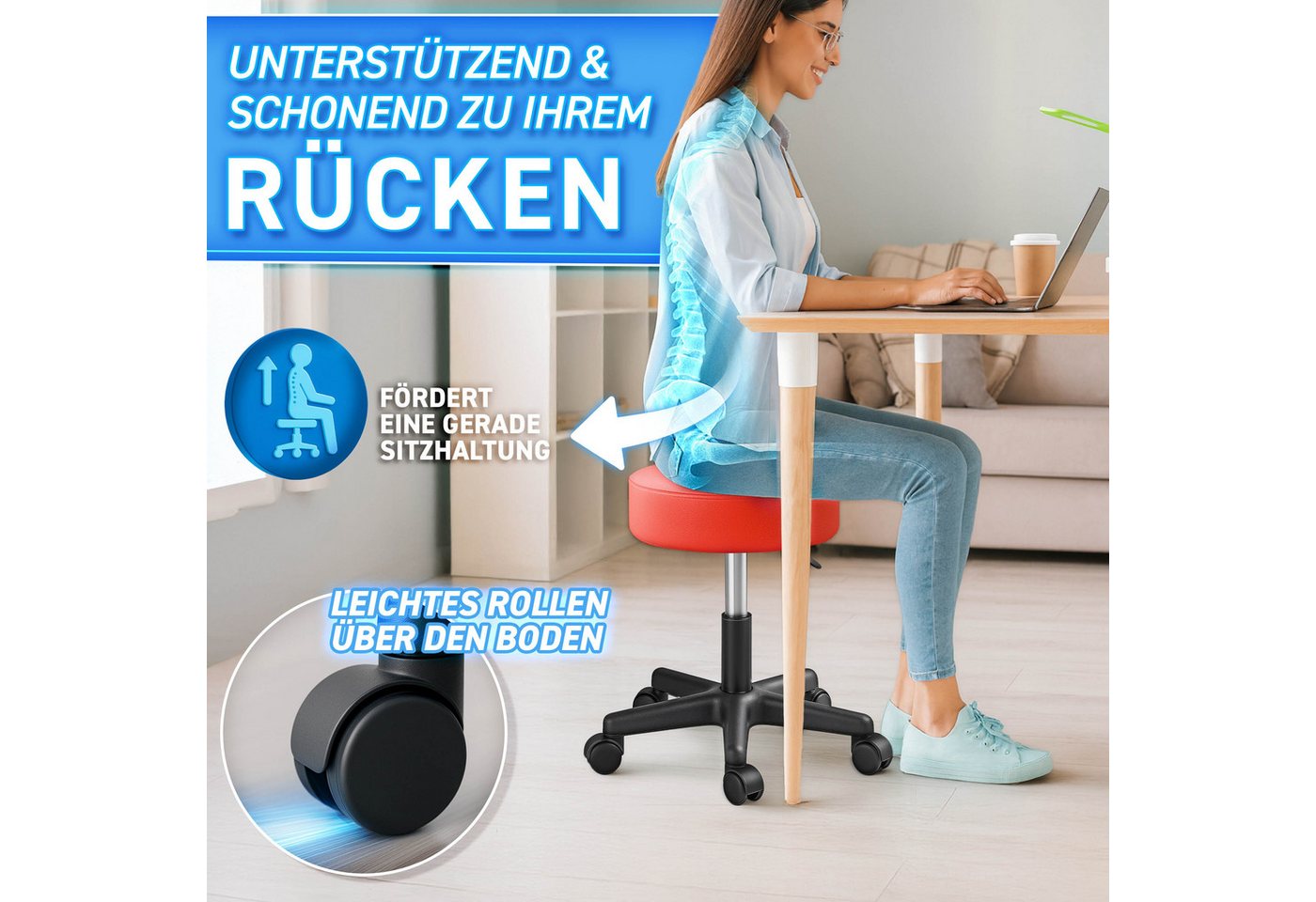TRESKO Drehhocker Rollhocker höhenverstellbar, 10 cm Dicke Polsterung, Arbeitshocker Hocker 360° drehbar – Bild 4 von 5