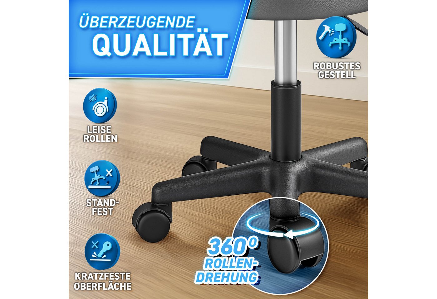 TRESKO Drehhocker Rollhocker höhenverstellbar, 10 cm Dicke Polsterung, Arbeitshocker Hocker 360° drehbar – Bild 2 von 5