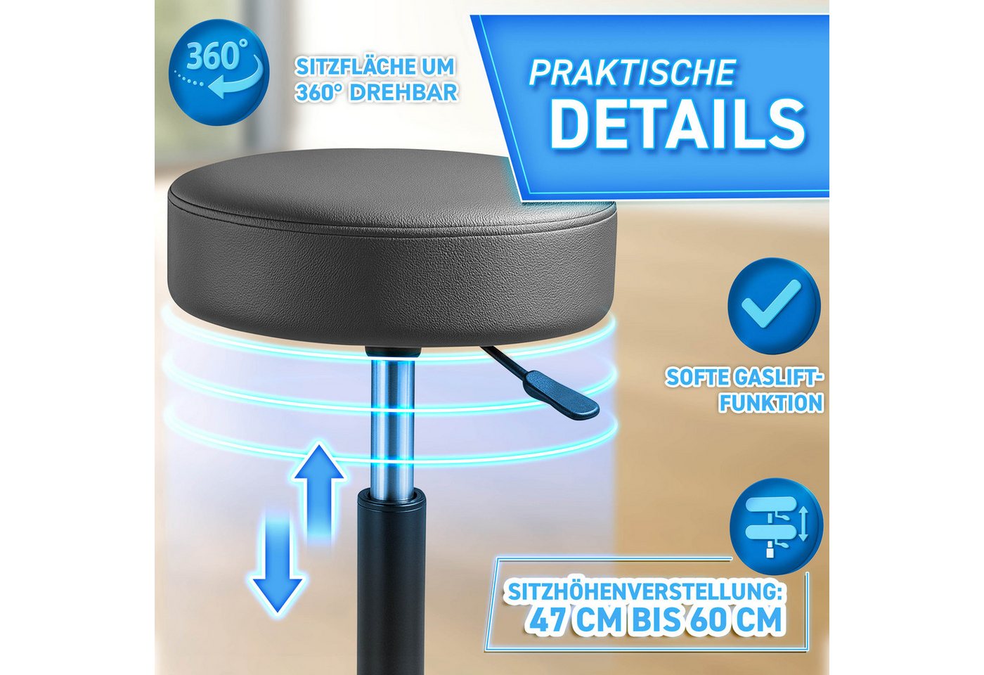TRESKO Drehhocker Rollhocker höhenverstellbar, 10 cm Dicke Polsterung, Arbeitshocker Hocker 360° drehbar – Bild 3 von 5