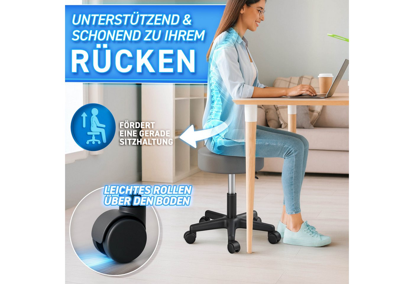TRESKO Drehhocker Rollhocker höhenverstellbar, 10 cm Dicke Polsterung, Arbeitshocker Hocker 360° drehbar – Bild 4 von 5