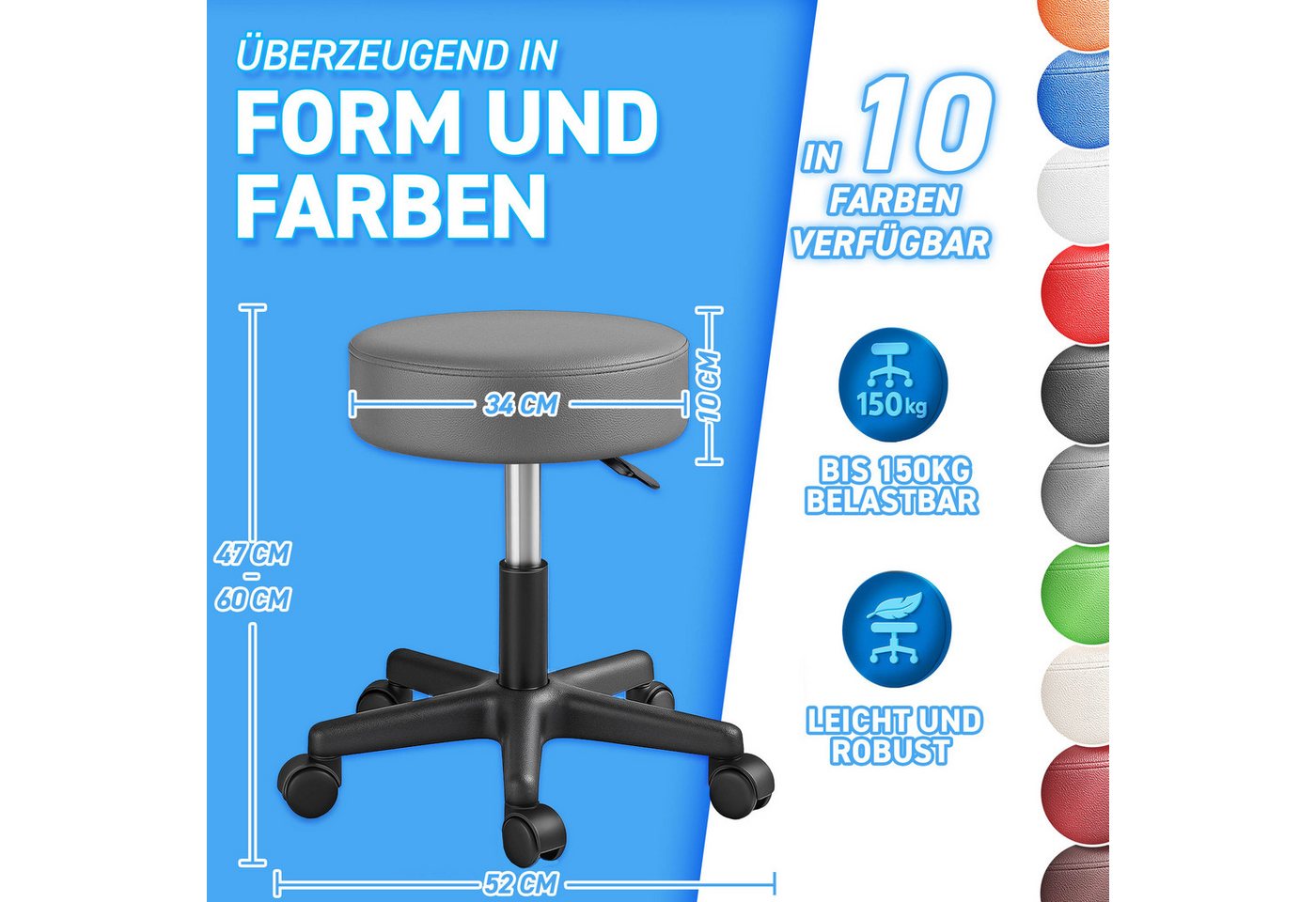 TRESKO Drehhocker Rollhocker höhenverstellbar, 10 cm Dicke Polsterung, Arbeitshocker Hocker 360° drehbar – Bild 5 von 5
