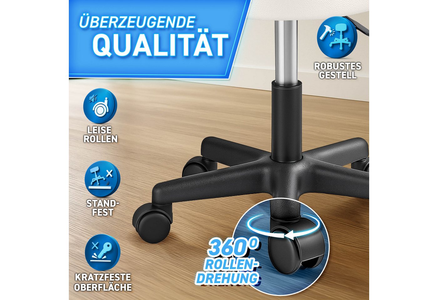 TRESKO Drehhocker Rollhocker höhenverstellbar, 10 cm Dicke Polsterung, Arbeitshocker Hocker 360° drehbar – Bild 2 von 5