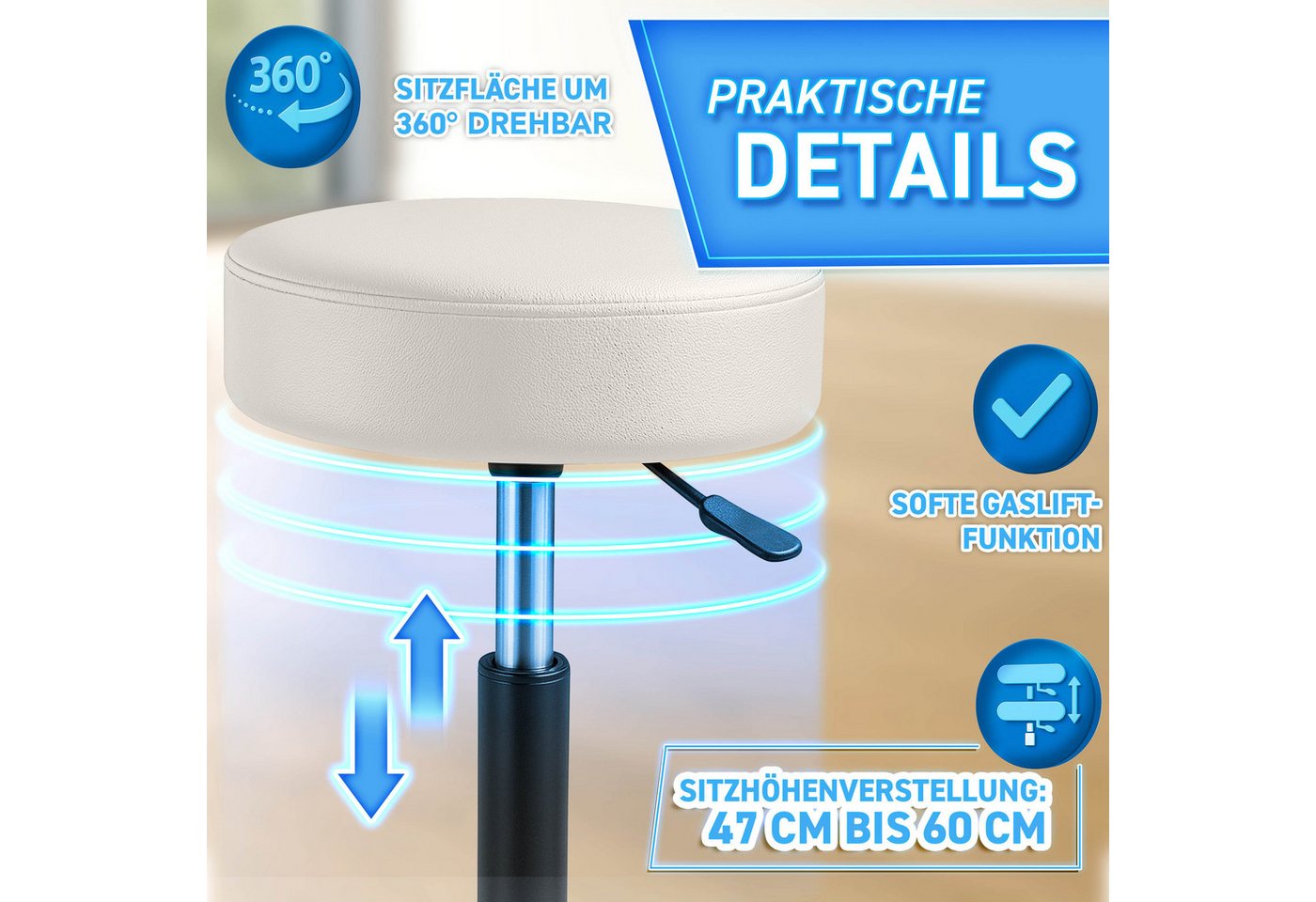 TRESKO Drehhocker Rollhocker höhenverstellbar, 10 cm Dicke Polsterung, Arbeitshocker Hocker 360° drehbar – Bild 3 von 5