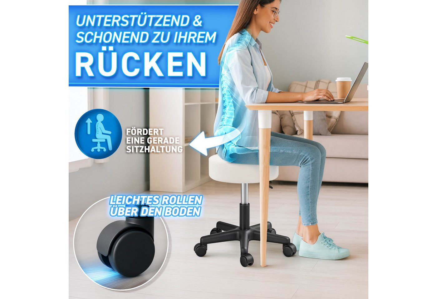 TRESKO Drehhocker Rollhocker höhenverstellbar, 10 cm Dicke Polsterung, Arbeitshocker Hocker 360° drehbar – Bild 4 von 5