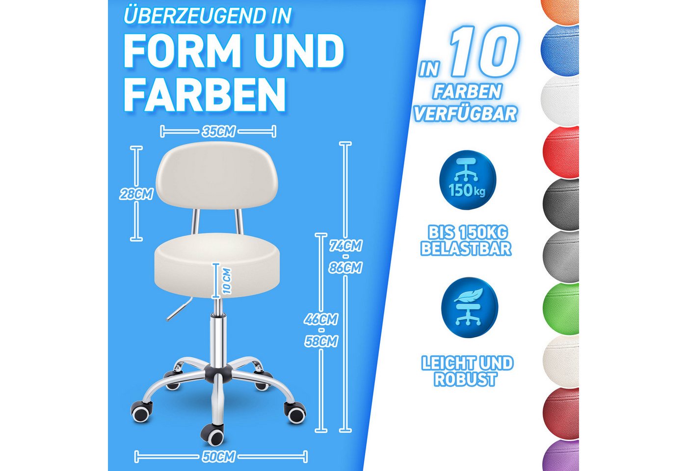 TRESKO Drehhocker Rollhocker mit Lehne, Arbeitshocker höhenverstellbar 46-58 cm, Bürostuhl mit Rollen Hocker Drehstuhl Kosmetikhocker – Bild 2 von 5