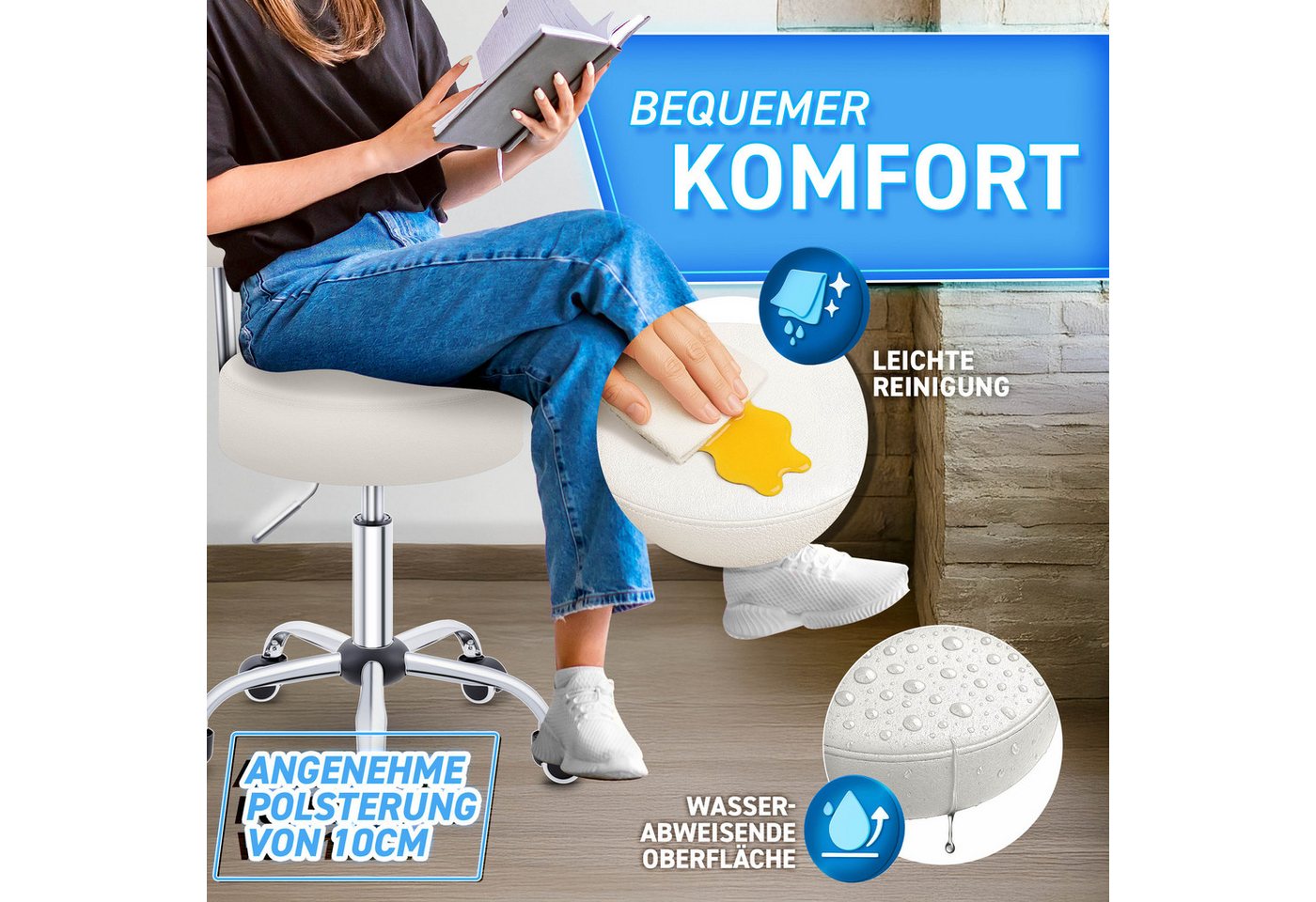 TRESKO Drehhocker Rollhocker mit Lehne, Arbeitshocker höhenverstellbar 46-58 cm, Bürostuhl mit Rollen Hocker Drehstuhl Kosmetikhocker – Bild 3 von 5