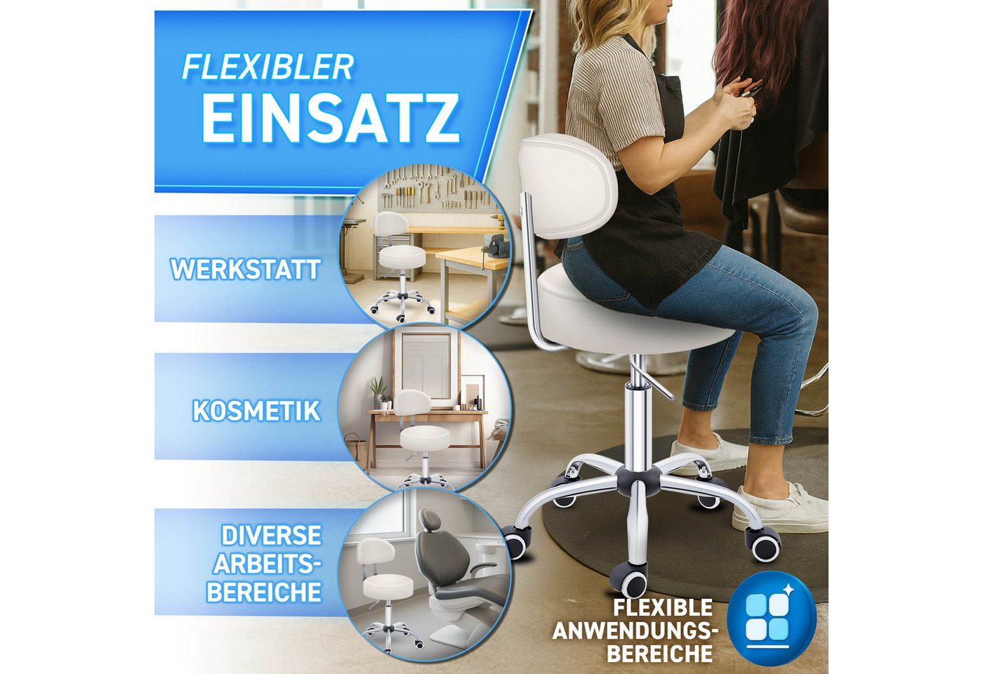 TRESKO Drehhocker Rollhocker mit Lehne, Arbeitshocker höhenverstellbar 46-58 cm, Bürostuhl mit Rollen Hocker Drehstuhl Kosmetikhocker – Bild 4 von 5