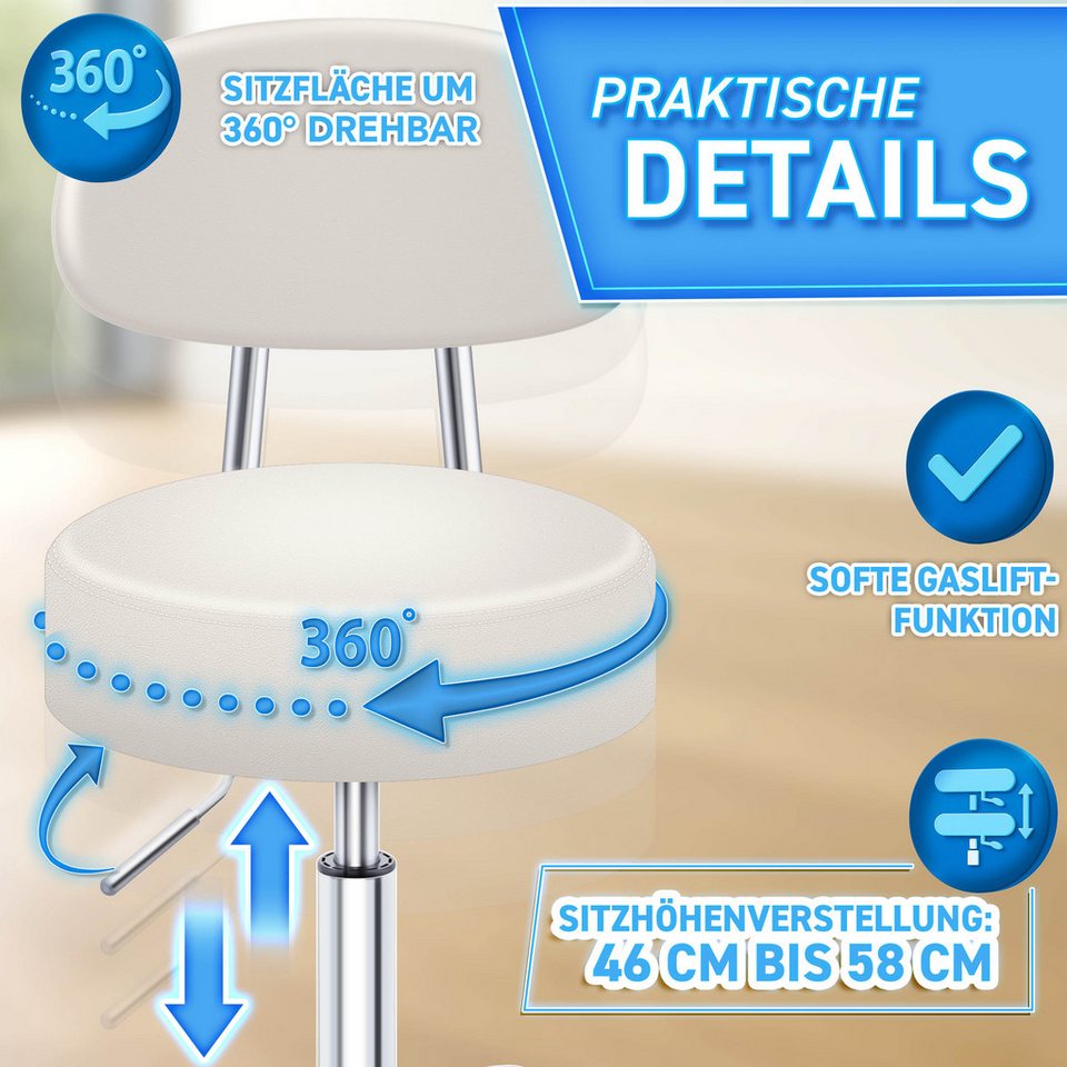 TRESKO Drehhocker Rollhocker mit Lehne, Arbeitshocker höhenverstellbar 46-58 cm, Bürostuhl mit Rollen Hocker Drehstuhl Kosmetikhocker – Bild 5 von 5