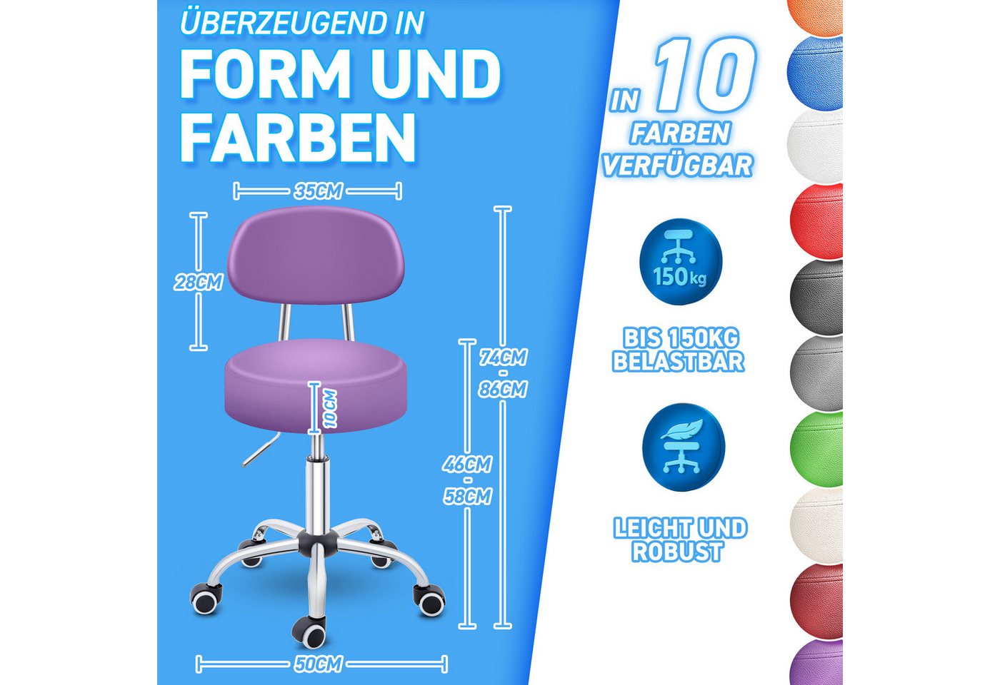 TRESKO Drehhocker Rollhocker mit Lehne, Arbeitshocker höhenverstellbar 46-58 cm, Bürostuhl mit Rollen Hocker Drehstuhl Kosmetikhocker – Bild 2 von 5