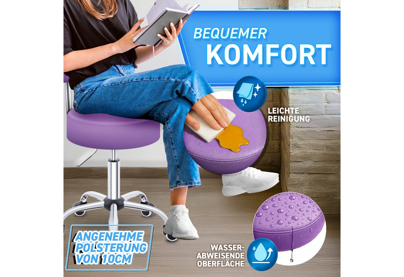 TRESKO Drehhocker Rollhocker mit Lehne, Arbeitshocker höhenverstellbar 46-58 cm, Bürostuhl mit Rollen Hocker Drehstuhl Kosmetikhocker – Bild 3 von 5