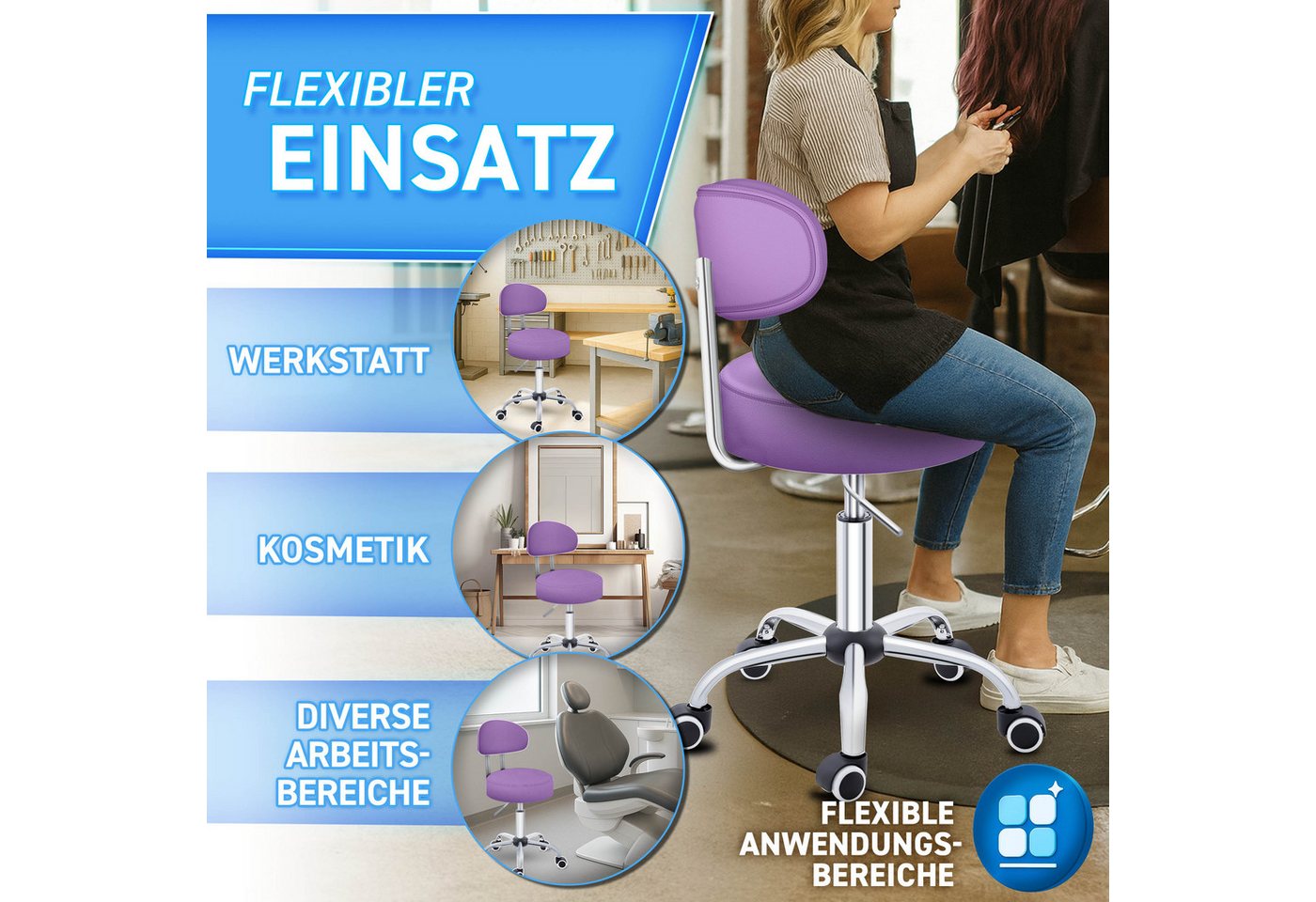 TRESKO Drehhocker Rollhocker mit Lehne, Arbeitshocker höhenverstellbar 46-58 cm, Bürostuhl mit Rollen Hocker Drehstuhl Kosmetikhocker – Bild 4 von 5
