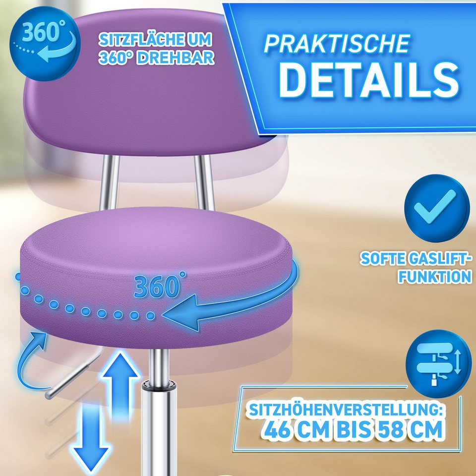 TRESKO Drehhocker Rollhocker mit Lehne, Arbeitshocker höhenverstellbar 46-58 cm, Bürostuhl mit Rollen Hocker Drehstuhl Kosmetikhocker – Bild 5 von 5