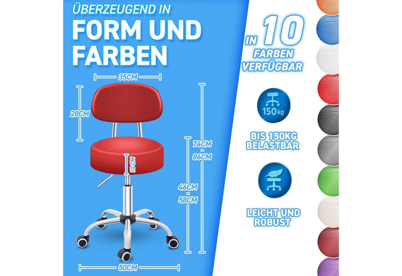 TRESKO Drehhocker Rollhocker mit Lehne, Arbeitshocker höhenverstellbar 46-58 cm, Bürostuhl mit Rollen Hocker Drehstuhl Kosmetikhocker – Bild 2 von 5