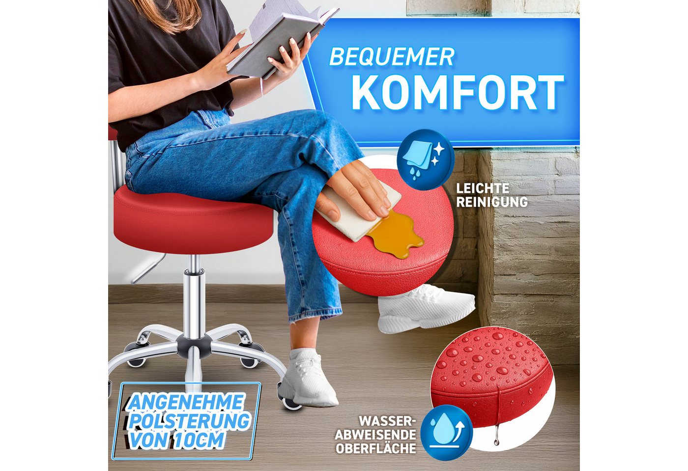 TRESKO Drehhocker Rollhocker mit Lehne, Arbeitshocker höhenverstellbar 46-58 cm, Bürostuhl mit Rollen Hocker Drehstuhl Kosmetikhocker – Bild 3 von 5