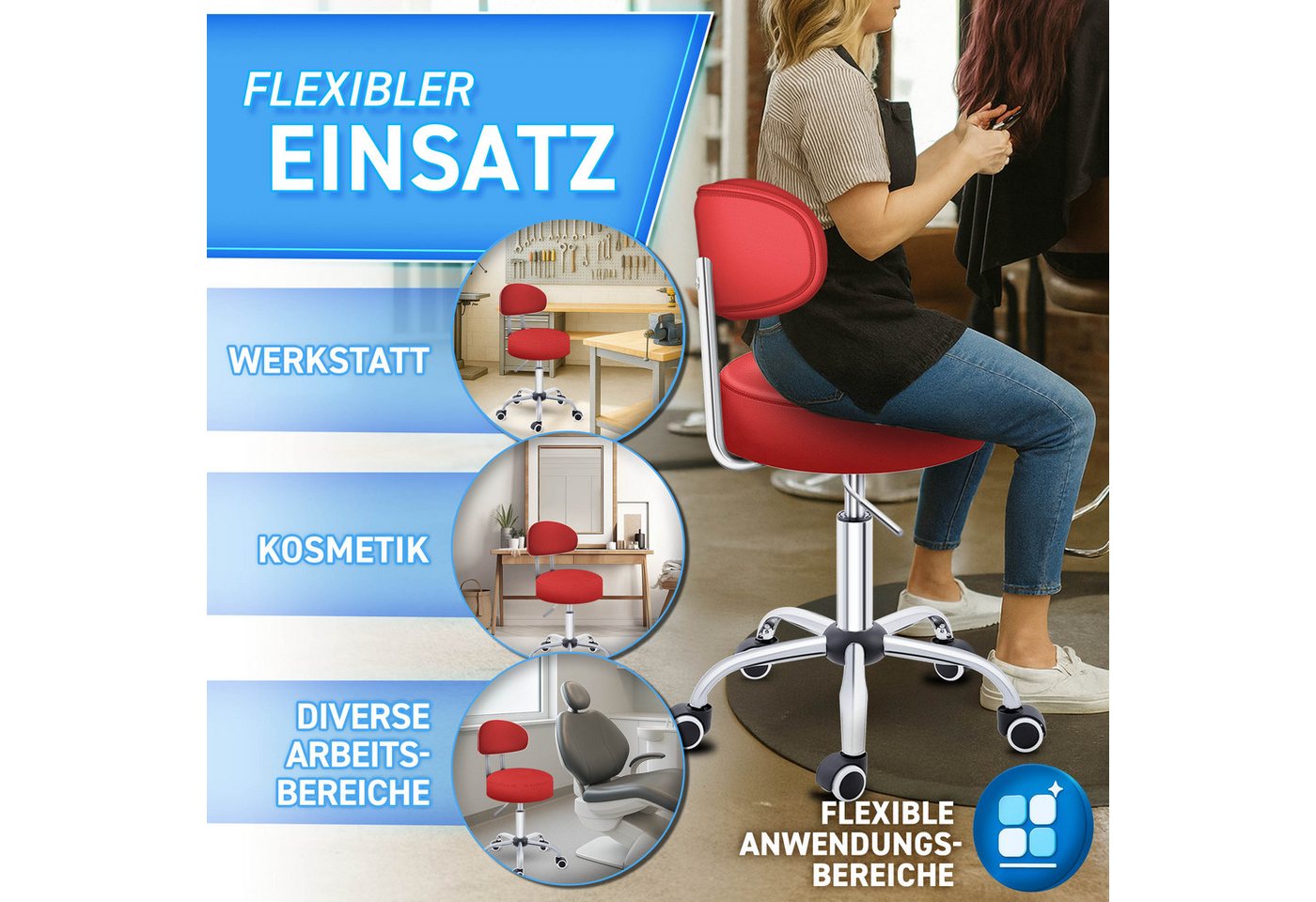 TRESKO Drehhocker Rollhocker mit Lehne, Arbeitshocker höhenverstellbar 46-58 cm, Bürostuhl mit Rollen Hocker Drehstuhl Kosmetikhocker – Bild 4 von 5