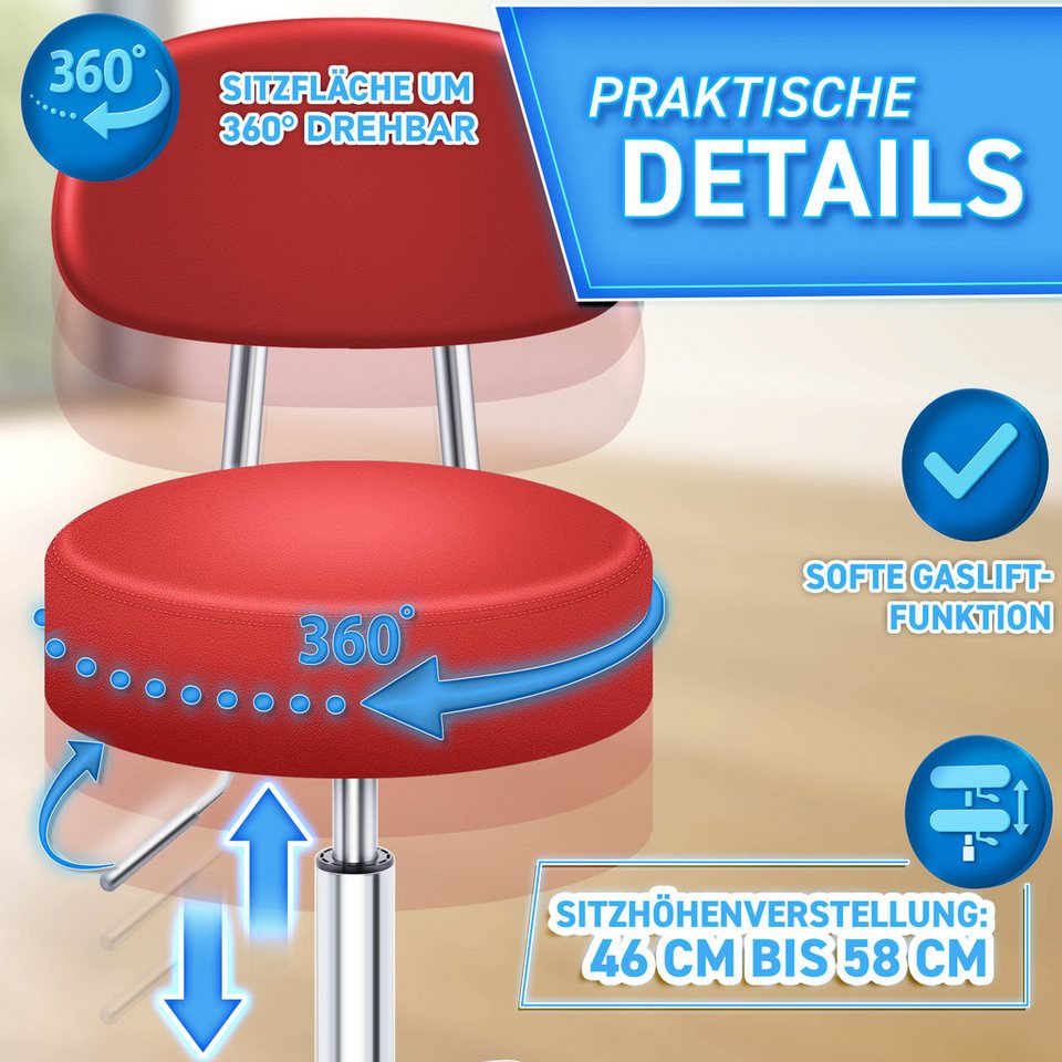 TRESKO Drehhocker Rollhocker mit Lehne, Arbeitshocker höhenverstellbar 46-58 cm, Bürostuhl mit Rollen Hocker Drehstuhl Kosmetikhocker – Bild 5 von 5