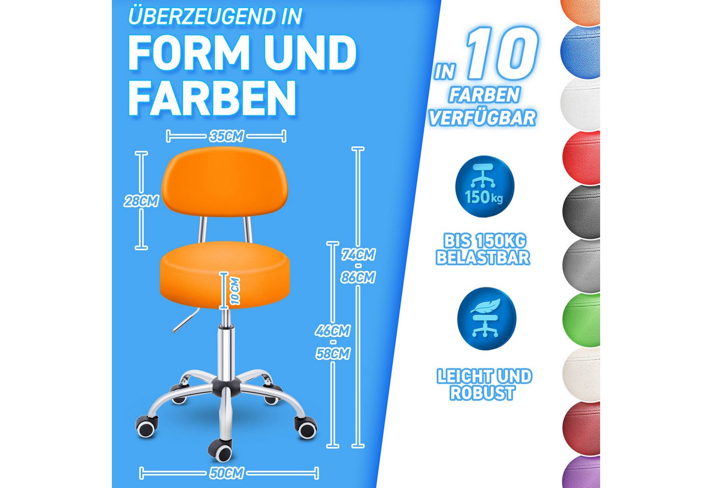 TRESKO Drehhocker Rollhocker mit Lehne, Arbeitshocker höhenverstellbar 46-58 cm, Bürostuhl mit Rollen Hocker Drehstuhl Kosmetikhocker – Bild 2 von 5